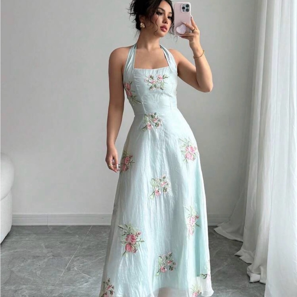 Halter Floral Maxi Dress in Light Blue